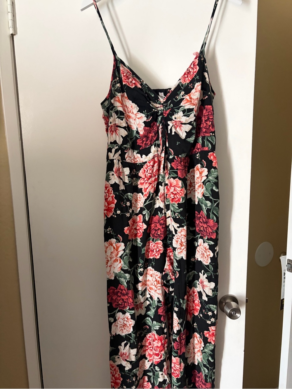 Xhilaration Black Maxi Jumpsuit with Red and Pink Floral Print